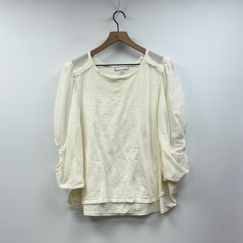 Anthropologie Eri & Ali Ruched 3/4 Balloon Sleeve Oversized Boxy Shirt Ivory XL